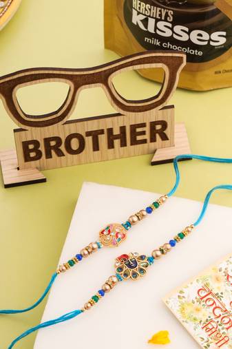 men set of 2 blue artificial stones & beads thread rakhi, combo for rakshabandhan