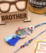 set of 2 blue evil eye & peacock design artificial beads bhaiya bhabhi rakhi combo
