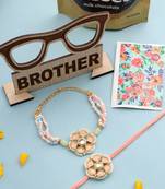 set of 2 peach color artificial stones & pearls bhaiya bhabhi rakhi combo