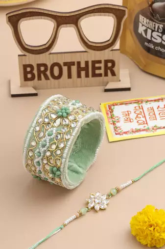 set of 2 green artificial stones bhaiya bhabhi rakhi set, combo for rakshabandhan