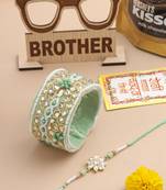 set of 2 green artificial stones bhaiya bhabhi rakhi set, combo for rakshabandhan