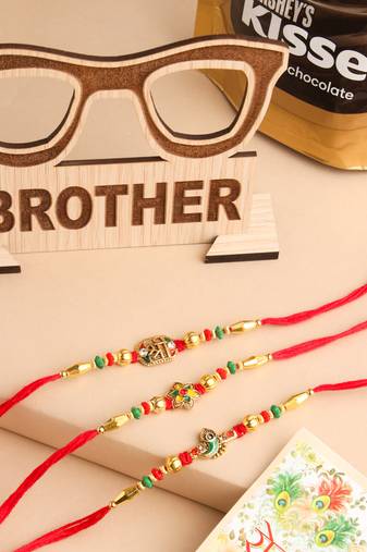 men set of 3 red & gold floral design artificial stones and beads thread rakhi combo