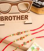 men set of 3 red & gold floral design artificial stones and beads thread rakhi combo