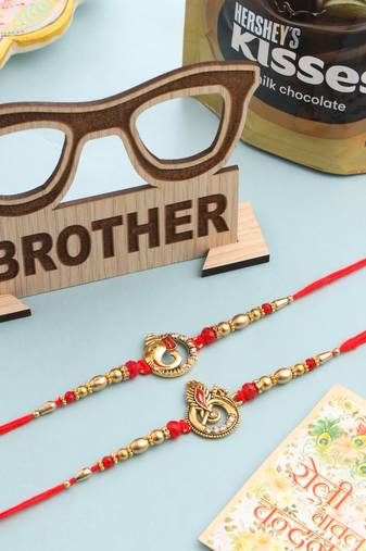 men set of 2 golden red religious designer ganesh ji thread rakhi combo