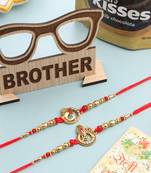 men set of 2 golden red religious designer ganesh ji thread rakhi combo