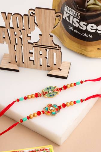 men set of 2 floral design red artificial stones & beads thread rakhi combo