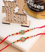 men set of 2 floral design red artificial stones & beads thread rakhi combo