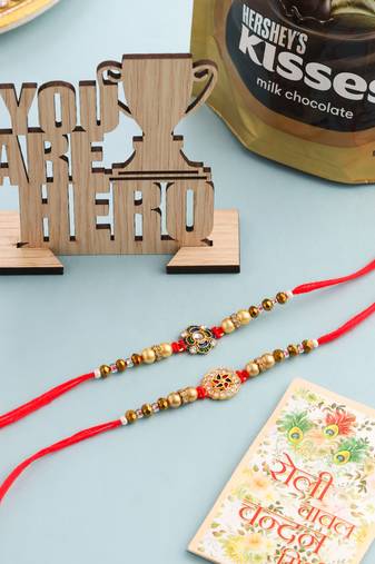 men set of 2 red & gold floral design artificial stones & beads thread rakhi combo