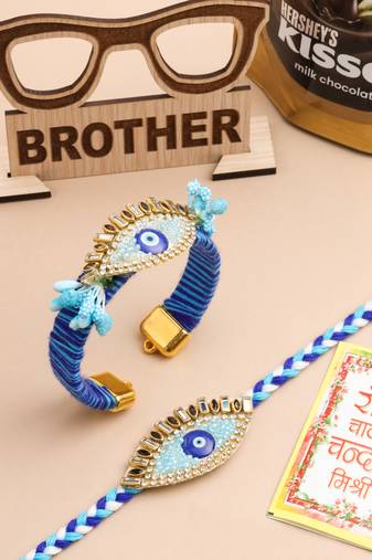 set of 2 blue evil eye & kundan studded handcrafted bhaiya bhabhi rakhi combo