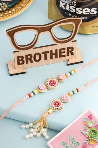 set of 2 multicolor artificial stones & beads round floral bhaiya bhabhi rakhi combo