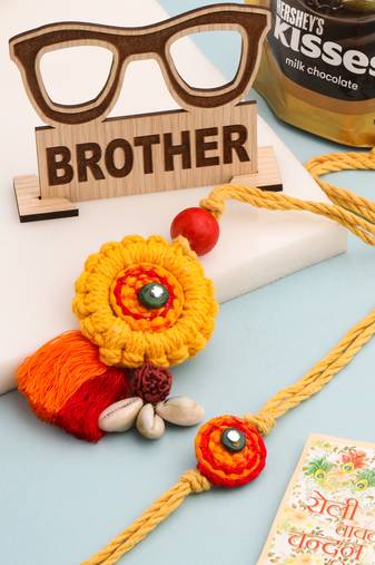 set of 2 yellow sea shell round floral design bhaiya bhabhi rakhi combo