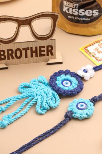set of 2 blue evil eye floral style bhaiya bhabhi rakhi set, combo for rakshabandhan