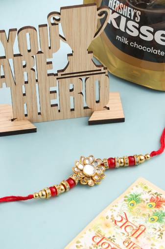 men's red kundan studded floral design thread rakhi, combo for rakshabandhan