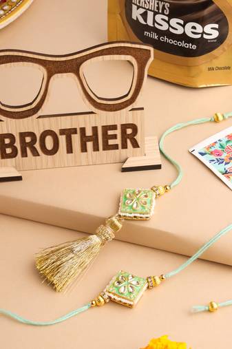 set of 2 handmade sea green kundan studded bhaiya bhabhi rakhi combo