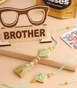 set of 2 handmade sea green kundan studded bhaiya bhabhi rakhi combo