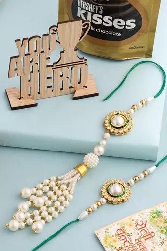 set of 2 white & green stone studded handcrafted bhaiya bhabhi thread rakhi combo