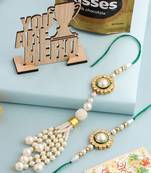 set of 2 white & green stone studded handcrafted bhaiya bhabhi thread rakhi combo