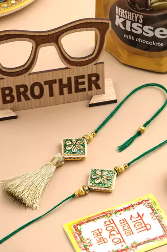 set of 2 handmade green kundan studded bhaiya bhabhi rakhi set, combo for rakshabandhan