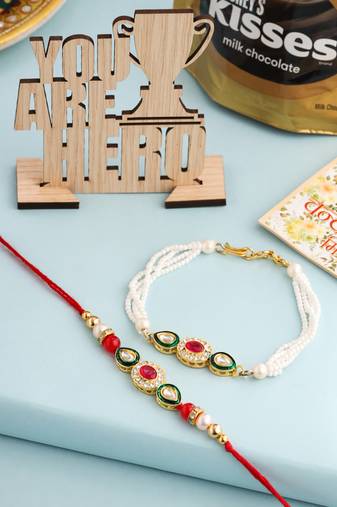 set of 2 multicolor oval shape kundan studded & beads bhaiya bhabhi rakhi combo