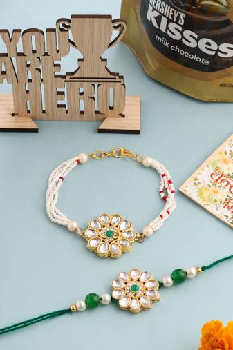 set of 2 kundan studded floral design gold toned bhaiya bhabhi rakhi combo