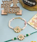 set of 2 kundan studded floral design gold toned bhaiya bhabhi rakhi combo