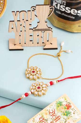 set of 2 gold toned kundan studded floral design bhaiya bhabhi rakhi combo
