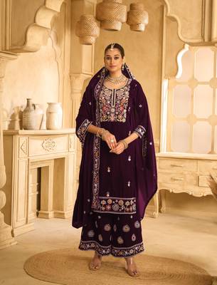 Wine Embroidered velvet Palazzo suit 1