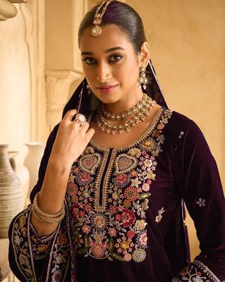 Wine Embroidered velvet Palazzo suit 2