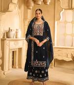 Dark blue Embroidered velvet Palazzo suit