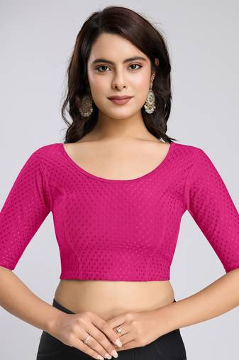 Cotton Lycra Stretchable Comfy Round Neck Elbow Sleeves Saree Blouse Readymade