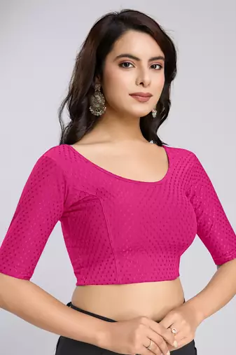 Trendmalls Cotton Lycra Stretchable Comfy Round Neck Elbow Sleeves Saree Blouse Readymade