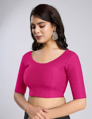Trendmalls Cotton Lycra Stretchable Comfy Round Neck Elbow Sleeves Saree Blouse Readymade 4
