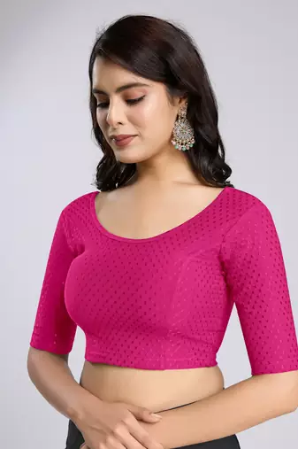 Trendmalls Cotton Lycra Stretchable Comfy Round Neck Elbow Sleeves Saree Blouse Readymade