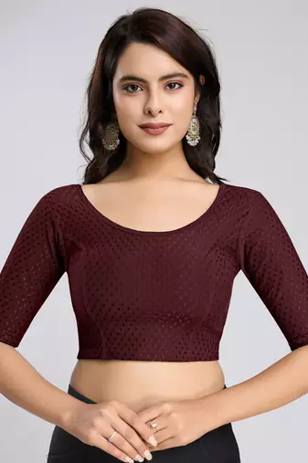 Cotton Lycra Stretchable Comfy Round Neck Elbow Sleeves Saree Blouse Readymade