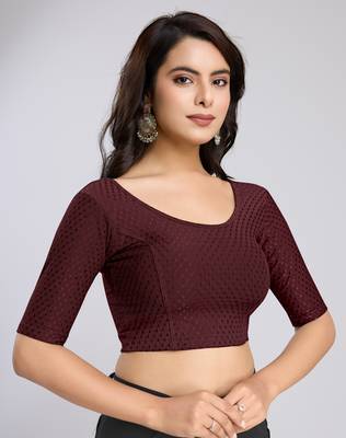 Trendmalls Cotton Lycra Stretchable Comfy Round Neck Elbow Sleeves Saree Blouse Readymade 3