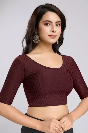 Trendmalls Cotton Lycra Stretchable Comfy Round Neck Elbow Sleeves Saree Blouse Readymade