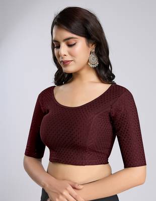 Trendmalls Cotton Lycra Stretchable Comfy Round Neck Elbow Sleeves Saree Blouse Readymade 4