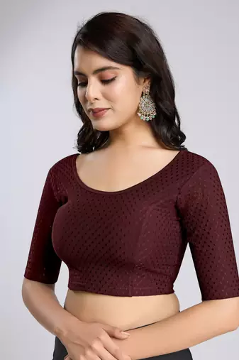 Trendmalls Cotton Lycra Stretchable Comfy Round Neck Elbow Sleeves Saree Blouse Readymade