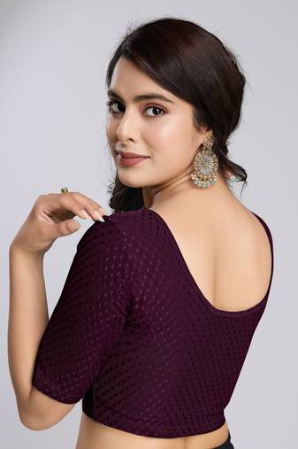 Cotton Lycra Stretchable Comfy Round Neck Elbow Sleeves Saree Blouse Readymade