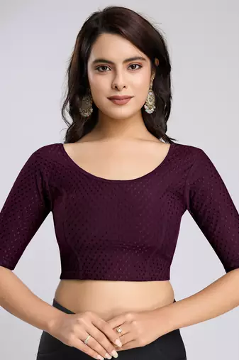 Trendmalls Cotton Lycra Stretchable Comfy Round Neck Elbow Sleeves Saree Blouse Readymade