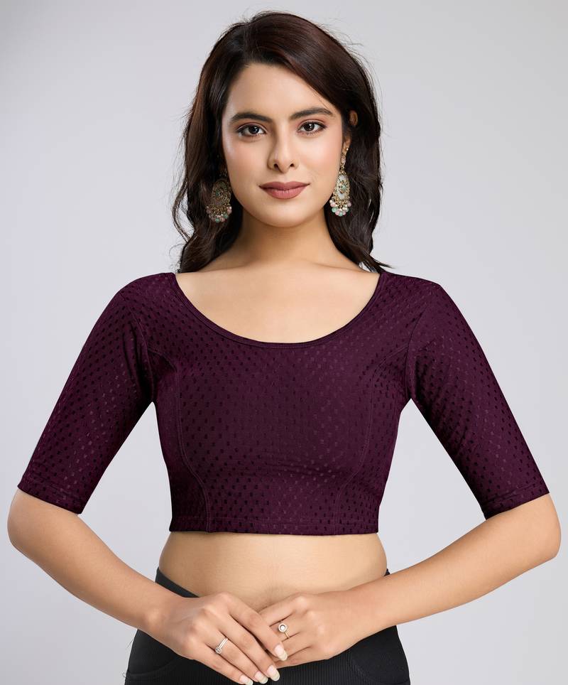 Cotton Lycra Stretchable Comfy Round Neck Elbow Sleeves Saree Blouse Readymade