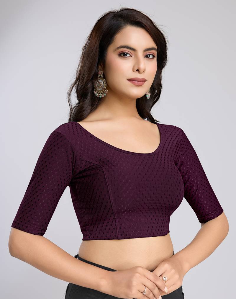 Cotton Lycra Stretchable Comfy Round Neck Elbow Sleeves Saree Blouse Readymade