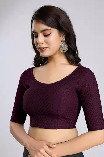Trendmalls Cotton Lycra Stretchable Comfy Round Neck Elbow Sleeves Saree Blouse Readymade