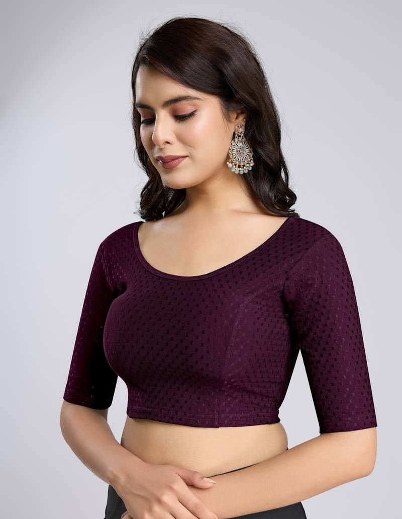 Cotton Lycra Stretchable Comfy Round Neck Elbow Sleeves Saree Blouse Readymade
