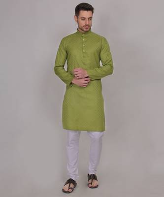 Green self weaving cotton straight kurta 1