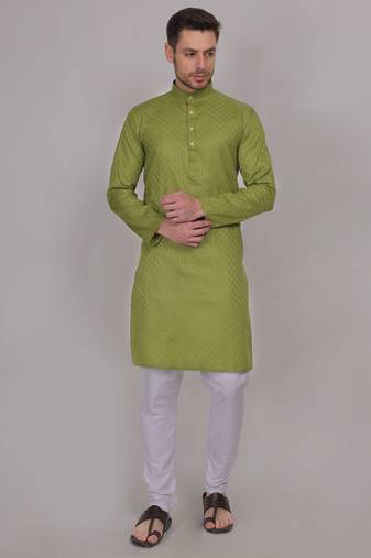 Green self weaving cotton straight kurta