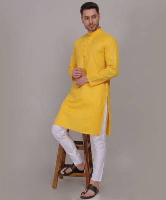 Yellow  self weaving cotton straight kurta 3