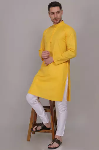 Yellow  self weaving cotton straight kurta