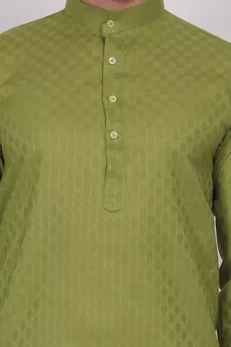 Green self weaving cotton straight kurta