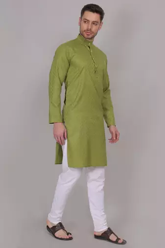 Green self weaving cotton straight kurta